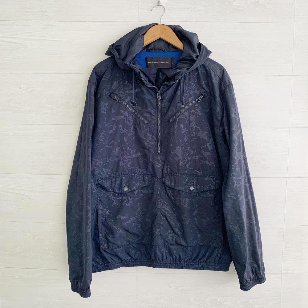 French Connection - Navy blue 1/2 zip hooded windbreaker, L